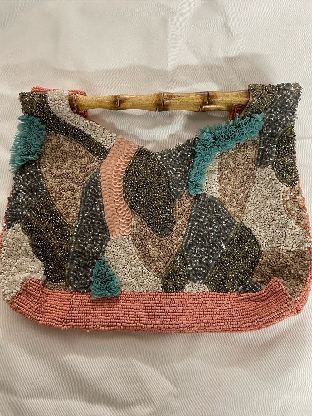 Beaded Shoulder Bag with Bamboo Handle in Coral, Teal & Neutral Tones
